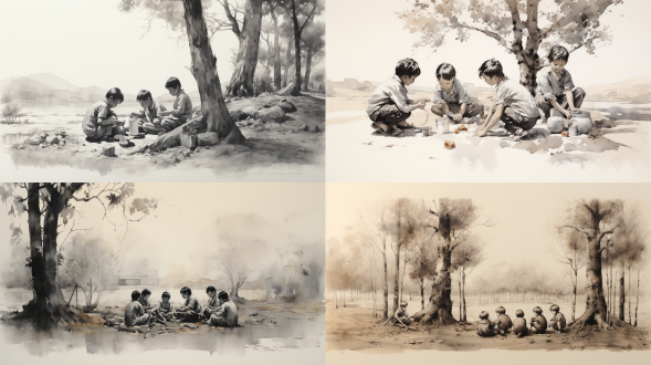 几名6 - 10岁儿童70年代形象围坐抓石子儿，蜿蜒路两边白杨，水墨纯色背景，远景，柔和光，自然色，细腻笔触，静态，童趣。