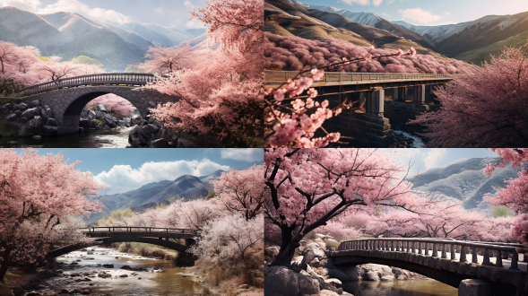 70年代初白色桥连柏油路桥下溪水山桃花，超广角远景，桥在中心，柔和光，自然色，静态，古朴宁静。