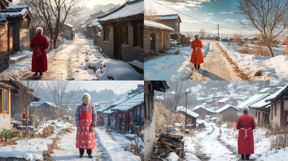 一位年迈的中国母亲。围着红色做饭短围裙，背景是除夕在村口翘首观望，望向村里延绵的小路归来的小人影，超广角镜头，远景。雪地阳光，自然光线，极简主义，海报艺术。