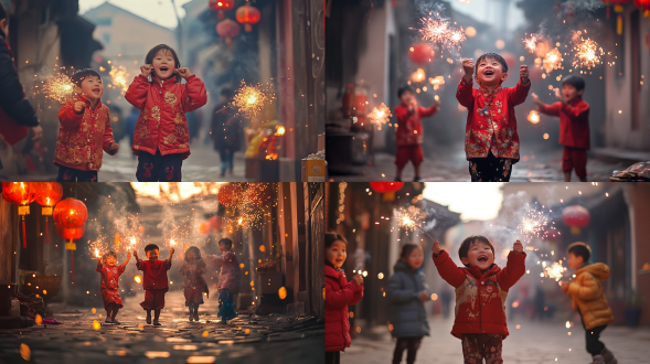 过年氛围中孩童放炮竹捂耳朵，三分构图，传统红配色，小巷环境，长焦镜头，顶光，动态模糊，童真模样，欢乐情绪。