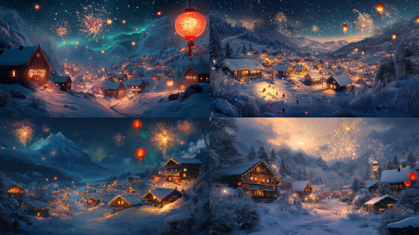 雪中小山村，极光映照，对角线构图，土房错落，新年装饰点缀，红灯笼高挂，烟花绽放，广角镜头，柔和光，冷暖色调，宁静温馨。