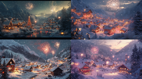 60年代雪中小山村，对角线构图，瓦房错落，新年装饰与红灯笼点缀，烟花绽放，极光映照，广角，柔和光，冷暖色调，宁静温馨 。