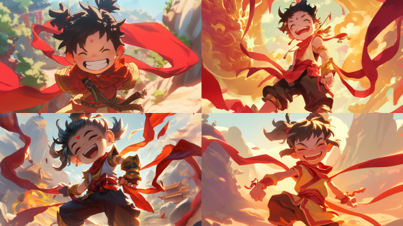 活泼可爱的哪吒，黑发扎成发髻，身着红金服饰，腰间系着丝带，四周飘扬着红色丝带。双手插兜里，张扬的咧嘴坏笑表情，露出牙齿，额头中央一个小红点。脚下岩石林立，哪吒全身，皮克斯风格