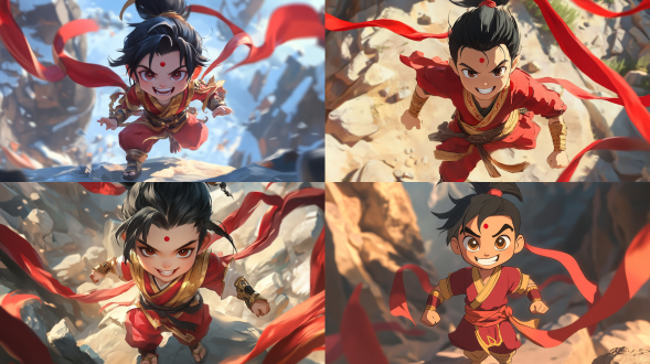 活泼可爱的哪吒，黑发扎成发髻，身着红金服饰，腰间系着丝带，四周飘扬着红色丝带。双手插兜里酷酷的，张扬的咧嘴坏笑表情，露出牙齿，额头中央一个小红点。脚下岩石林立，哪吒全身