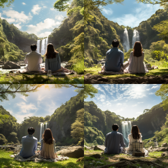 宫崎骏风格情侣背影，坐着露营烧烤惬意山林荒野，大场景晴天瀑布旁，广角镜头自然光柔和色调远景，浪漫宁静，背影亲密，山林茂密，瀑布流水，烧烤烟雾，晴空万里，广角视野，自然光线，柔和色彩，远景构图，浪漫氛围，宁静心境。