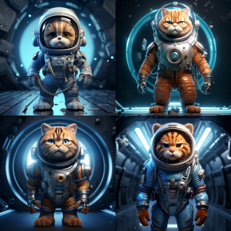 加菲猫站立，登月服，grokcat标识，宇宙飞船，柔和光线，正面视角，高细节，科幻风格，太空背景，广角镜头，自然光，准备登船，自信表情，金属质感，蓝色调，期待。