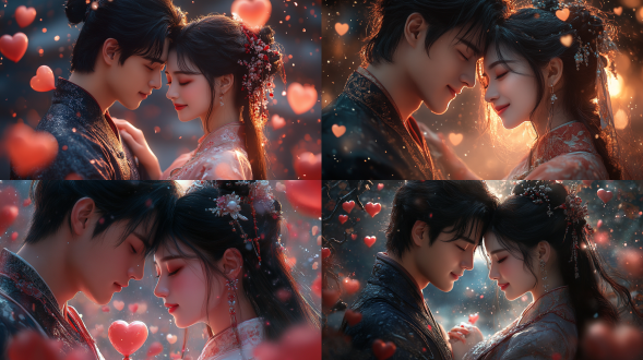 七夕节海报，3d立体，浪漫星空背景，情侣相拥，男性穿着传统汉服，女性穿着华丽旗袍，微笑对视，心形气球环绕，细腻光影，柔和色彩，广角镜头，低角度拍摄，温馨氛围，爱意满满。