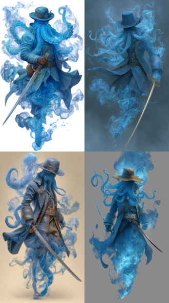 拟人化章鱼海盗船长。他的形态中流动着蓝色的烟雾。他看起来像是在慢慢地随着时间瓦解。非常酷的赌徒帽子，使用一把长剑