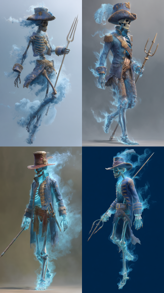 骷髅海盗船长。加勒比海盗风格，他的形态中流动着蓝色的烟雾。他看起来像是在慢慢地随着时间瓦解。非常酷的赌徒帽子，使用海叉武器