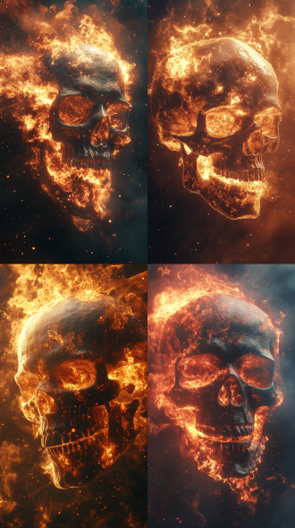 巨大骷髅头，冒火，形态流动着粒子烟雾，慢慢随时间消失，电影风格