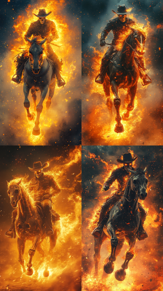 骷髅头人，冒火，骑着冒火的骷髅马，马眼睛冒火，骷髅人戴牛仔帽，形态流动着粒子烟雾，走过的马脚印冒火，奔跑过的脚印带脚印火，帅气奔跑着，神秘，科幻，奇幻，电影风格，恶灵骑士风格