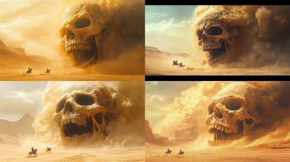 拟沙子化巨大沙尘暴骷髅头，张开大嘴，形态流动着粒子沙子，慢慢随时间消失，电影风格，背景沙漠，前面两个渺小的人类正在骑马奔跑着
