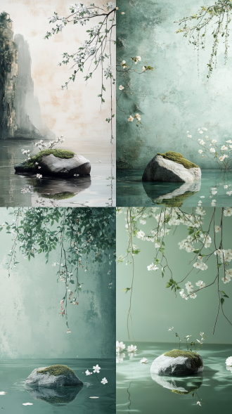 拍摄展现中式自然意境的画面。画面色调以清新的浅绿色为主调，营造宁静氛围。主体为平静的水面，水面上有一块表面长着青苔的灰色石头，石头旁有生长着白色小花和绿植的小块陆地。画面右上方垂下几枝带有绿叶和小白花的柳枝，柳枝影子投射在背景墙上，整体画面简洁雅致，传递出清幽、闲适的中式意境。