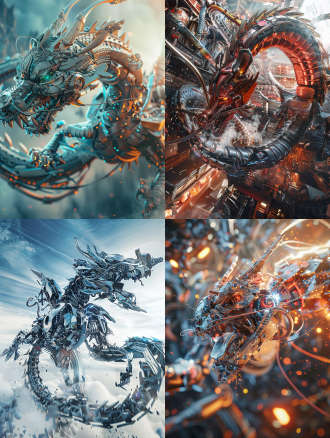 机械龙3d全景，全身细节，金属质感，中国龙元素，千里程鹏起飞，视觉冲击，超广角镜头，高动态范围，逆光，速度感，未来科技风格，冷色调，震撼。