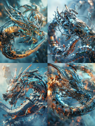 机械龙3d全景，全身细节，金属质感，中国龙元素，千里程鹏起飞，视觉冲击，超广角镜头，高动态范围，逆光，速度感，未来科技风格，冷色调，震撼。