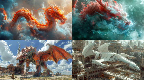 机械龙3d全景，全身细节，金属质感，中国龙元素，千里程鹏起飞，视觉冲击，超广角镜头，高动态范围，逆光，速度感，未来科技风格，冷色调，震撼。