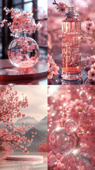 化妆品精华液悬浮，巨大半透明鳞片环绕，科技舞台，沙漠与水交织，樱花飘落，淡粉色天空，高端奢华，超现实静物，3d红移渲染，逼真细节，柔和灯光，半空中，圆形舞台，水面樱花，沙漠背景，高端奢华，超现实，3d渲染，逼真细节，柔和灯光。