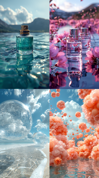 化妆品精华液漂浮，巨大半透明鳞片环绕，科技舞台水中，玫瑰花瓣飘浮，淡粉天空，高端奢华，超现实静物，3d渲染，oc渲染，逼真细节，柔和灯光，半空中，圆形舞台，水中场景，淡粉色调，超现实风格，高端奢华感，静物摄影，3d效果，oc技术，细腻渲染，柔和光线。 高调照明 斑驳光线 丁达尔效应 长焦拍摄 粉白 电影灯光 柔光 背景虚化 阳光照射 环境光 轮廓光 工作室照明 反射光