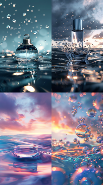 化妆品精华液漂浮，巨大半透明鳞片环绕，科技舞台水中，玫瑰花瓣飘浮，淡粉色天空背景，高端奢华，超现实静物风格，3d，oc渲染，逼真渲染细节，柔和灯光，半空中，圆形舞台，水中场景，淡粉色天空，高端奢华感，超现实风格，3d效果，oc技术，逼真细节，柔和光线。 高调照明 斑驳光线 丁达尔效应 长焦拍摄 粉白 电影灯光 柔光 背景虚化 阳光照射 环境光 轮廓光 工作室照明 反射光