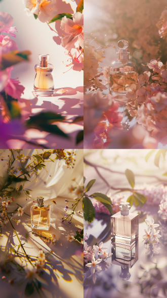 摄影，香水，平面水面花卉周围，简单，浪漫，渗透性，阳光，复杂的细节，柯达 portra 400vc，微距摄影，长镜头，对称构图，柔和光线，浅景深，细腻纹理，温暖色调，静谧氛围，花香四溢。 oc渲染器 超现实主义 高调照明 明亮的 丁达尔效应 镜头光晕 背景虚化 梦幻灯光 光追反射