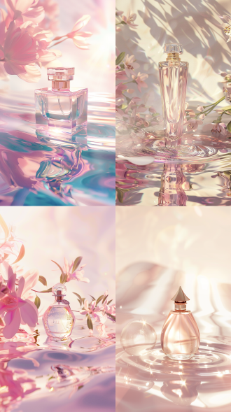 奢华香水静物画，水波环绕，阳光明媚，产品推广画，8k，高品质，细腻质感，柔和光线，自然环境，长焦镜头，高分辨率，透明感，优雅，奢华，宁静。 oc渲染器 超现实主义 全身 粉白 高调照明 梦幻灯光 背景虚化 明亮的 阳光照射 丁达尔效应 光追反射