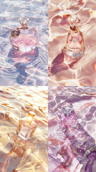 奢华香水静物画，水波环绕，阳光明媚，8k高品质，俯视角度，波浪冲击，视觉震撼，高光溢出，细腻纹理，透明质感，金色反射，柔和阴影，奢华感，清新香气。 oc渲染器 超现实主义 全身 粉白 高调照明 梦幻灯光 背景虚化 明亮的 阳光照射 丁达尔效应 光追反射