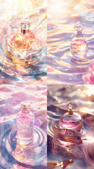 奢华香水静物画，水波环绕，阳光明媚，8k高品质，仰视角度，波浪冲击，视觉震撼，高光溢出，细腻纹理，透明质感，金色反射，柔和阴影，奢华感，清新香气，oc渲染器，超现实主义，全身，粉白，高调照明，梦幻灯光，背景虚化，明亮的，阳光照射，丁达尔效应，光追反射。