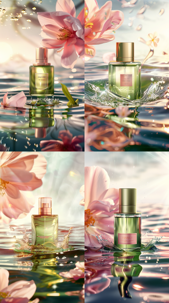 奢华香水静物画，水波环绕，阳光明媚，8k高品质，平视角度，波浪冲击，视觉震撼，高光溢出，细腻纹理，透明质感，金色反射，柔和阴影，奢华感，清新香气，oc渲染器，超现实主义，全身，粉白，高调照明，梦幻灯光，背景虚化，明亮的，阳光照射，丁达尔效应，光追反射。