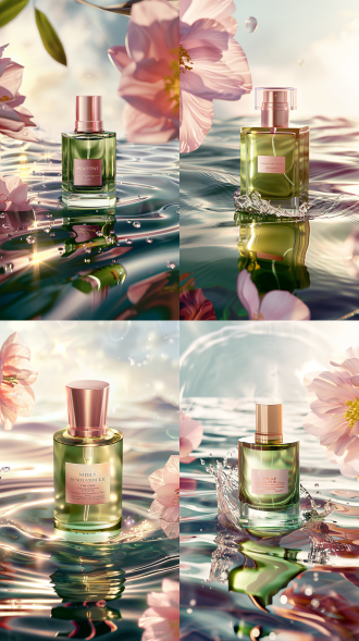 奢华香水静物画，水波环绕，阳光明媚，8k高品质，平视角度，波浪冲击，视觉震撼，高光溢出，细腻纹理，透明质感，金色反射，柔和阴影，奢华感，清新香气，oc渲染器，超现实主义，全身，粉白，高调照明，梦幻灯光，背景虚化，明亮的，阳光照射，丁达尔效应，光追反射。