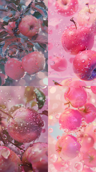 苹果与水滴，浅粉色透明纹理，动漫美学，浆果朋克，华丽色彩，32k uhd，卡罗尔巴克风格，细腻光影，微距镜头，水珠反射，柔和色调，梦幻氛围，细节丰富，艺术感，清新自然，创意构图。 oc渲染器 超现实主义 光追反射 电影灯光 镜头光晕 背景虚化 丁达尔效应