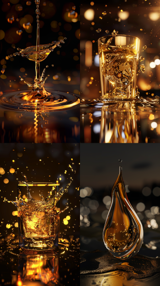 产品渲染，液体黄金，水反射，夜间渲染，真实感图像，高辛烷渲染，深度模糊，美丽渲染，麦格拉斯风格，艾米丽·默里·帕特森，理查德·威尔逊，高对比度，暖色调，广角镜头，侧光，快速快门，反射，深度，美丽。 oc渲染器 超现实主义 光追反射 电影灯光 镜头光晕 背景虚化 丁达尔效应