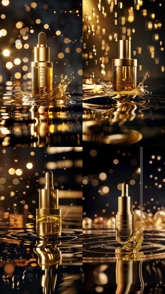 精油瓶，液体黄金，拍麦格拉斯，水反射，夜间渲染，美丽的真实感图像，深度模糊，真实感图像，美丽的渲染，带有海面水波的冲击，瓶子细节，金色液体流动，水面波纹，夜景灯光，高光反射，柔和光线，长曝光，景深效果，海洋背景，宁静氛围，奢华感，艺术感。 oc渲染器 超现实主义 光追反射 电影灯光 镜头光晕 背景虚化 丁达尔效应 全身