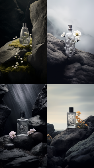 瓶子在花环绕的岩石上，柔和边缘，大气效果，古台集团，极简主义，柔和薄雾，伊尔福特sfx，生态友好，不透明半透明，自然光，静物，岩石，花朵，宁静。
