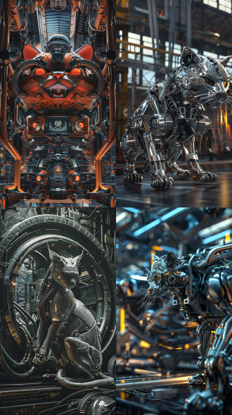 机械猫3d全景，全身细节，金属质感，中国龙元素，千里程鹏起飞，视觉冲击，超广角镜头，高动态范围，逆光，速度感，未来科技风格，冷色调，震撼。 oc渲染器 超现实主义 虚幻引擎 未来主义