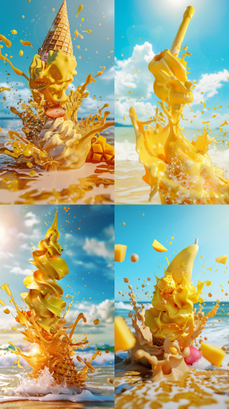 冰淇淋塑形龙芒果，海边，炎热的夏天，冰淇淋飞溅，广角镜头，自然采光，高细节，鲜艳色彩，美食摄影，动态飞溅，夏日氛围，芒果黄色，龙形创意，海风轻拂，阳光照射，清爽感觉。 oc渲染器 超现实主义