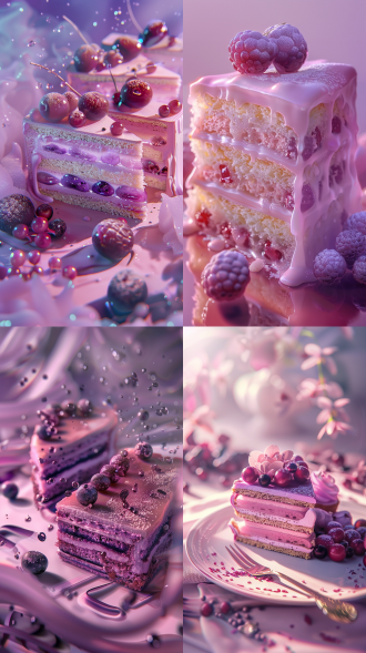 粉色紫色蛋糕切片，卡瓦尔美学，真实引擎5，迷人灯光，超现实主义，蔓越莓核，不可思议，柔和色调，梦幻氛围，细腻纹理，高光细节，微距镜头，柔光，静物摄影，诱人，甜美。 oc渲染器 超现实主义