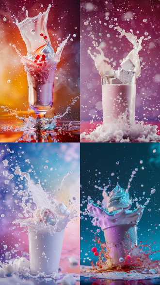 沙冰飞溅，动态构图，宏观摄影，高科技相机，8k高清，超逼真细节，多角度拍摄，鲜艳色彩，诱人食欲，海报宣传，奶昔飞溅，活力健康，吸引眼球，广角镜头，高对比度，侧光，快速快门，创意布局，紧张期待。 oc渲染器 超现实主义