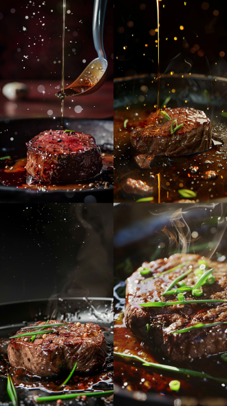 热煎菲力牛排，橄榄油光泽，盐胡椒点缀，红葡萄酒深邃，牛肉高汤浓郁，青葱翠绿点缀，热油飞溅，牛排金黄，侧光照射，焦香四溢，食欲激发，温暖厨房，细节清晰，色彩丰富，食欲诱惑。 oc渲染器 超现实主义