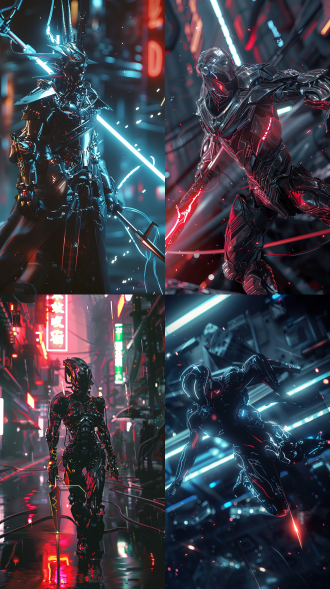 超逼真的半机械人，未来主义盔甲，等离子剑，霓虹灯赛博朋克城市，动态行动，戏剧性灯光，低角度镜头，爆炸性特效，动态运动，动态模糊，电影，超详细，高分辨率，金属质感，冷色调，高速快门，侧光，广角镜头，紧张，震撼。 oc渲染器 超现实主义