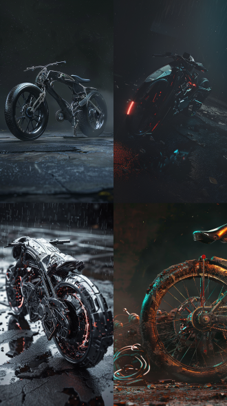 装甲赛博朋克自行车，超小型设计，未来感，8k分辨率，逼真渲染，复杂底盘，天然污垢，磨损细节，金属质感，暗色调，高对比度，广角镜头，侧光，细节丰富，科技感，复杂结构。 oc渲染器 超现实主义