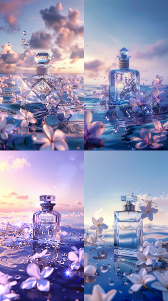 水晶瓶香奈儿香水，紫罗兰蓝天环绕，茉莉花海面漂浮，水滴反射阳光，蓝白调，蓝色背景，干净先进设计，c4d渲染，超现实细节，电影灯光，高分辨率，超现实摄影风格，晶莹剔透，高光，细腻纹理，梦幻氛围，静物构图，自然光，柔和阴影，艺术感，现代感，奢华感。 oc渲染器 超现实主义