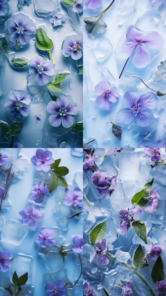 高角度拍摄，蓝色桌面，浅蓝紫色花朵冻成冰块，部分融化，清晰裂缝，薄荷叶点缀，凉爽感，超清晰特写，富士相机，艺术创造力，清晰细节，8k，冷色调，微距镜头，自然光，静物摄影，细腻纹理，冰冷氛围。