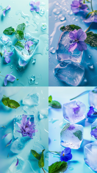 高角度拍摄，蓝色桌面，浅蓝紫花冰块，融化裂缝，薄荷叶点缀，超清晰特写，富士相机，艺术创造力，8k细节，冷色调，自然光，微距镜头，静物摄影，清新凉爽。