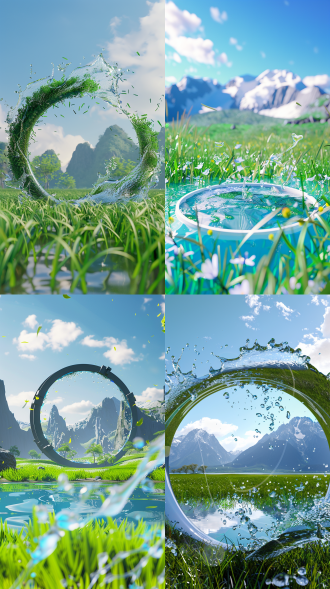 3d 卡通风格，圆形舞台，草地水花，蓝天群山，中国草原，中心构图，超现实未来极简，c4d oc渲染，景深，明亮活力，高细节8k，清新绿色，春天气息，卡通表情，轻松愉悦。