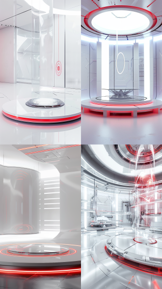 科幻风格设计，圆形展示舞台，技术元素，玻璃几何形状，实验室风格，白色红色调，未来主义极简主义，现代工作室照明，高分辨率，3d渲染，高端未来感，极简现代元素，白光效果，实验室设备，几何形状，高细节。