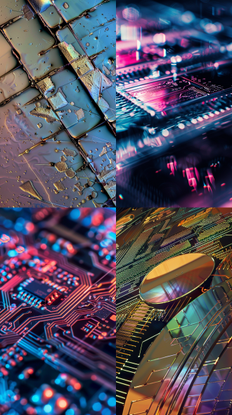 微观细节，集成电路，半导体，硅片，微电子学，纳米尺度，表面图案，金属通道，晶体管，超精细结构，微观世界，电子技术，高科技，微距摄影，高分辨率，实验室环境，冷色调，显微镜镜头，背光照明，清晰焦点，精密工艺，未来感，创新。