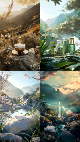 汉厚护肤产品，天然山谷风光，清新背景，东方风格，黄金分割构图，柔光，商业摄影，产品摄影，8k分辨率，自然光线，细节清晰，色彩鲜艳，宁静氛围。