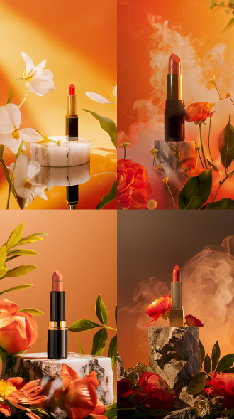 香奈儿口红大理石平台，鲜花环绕，雾蒙蒙，高饱和橙色背景，黄金比例，柔和照明，商业产品摄影，8k细节，优雅，奢华。