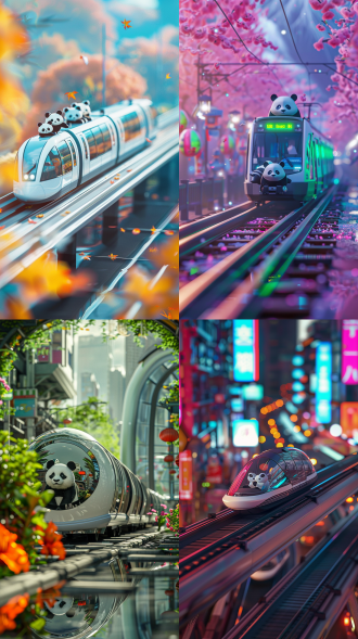 透明玻璃火车载熊猫，春天现代城市，明亮柔和色彩，柔和自然光，3d渲染微缩模型，微型立体模型，多彩未来派，灿烂阳光，oc渲染，透视效果，细节丰富，温馨氛围，动态模糊，高光反射，景深效果，生机勃勃。