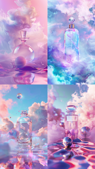云彩覆盖背景，极简主义彩色云彩，化妆品包装，宁静海洋风格，巴洛克风格玻璃瓶，淡蓝宝石洋红，发光球体，高清8k，细腻纹理，柔和光线，梦幻氛围，精致细节，优雅曲线，宁静表情，海洋元素，彩色彩云，现实主义，精致工艺，宁静海洋，巴洛克风格，玻璃质感，发光效果，高清细节，宁静氛围。